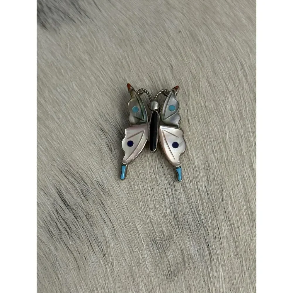 Zuni Sterling Silver VE inlay Butterfly Pendant Pin Turquoise Coral Shell Onyx